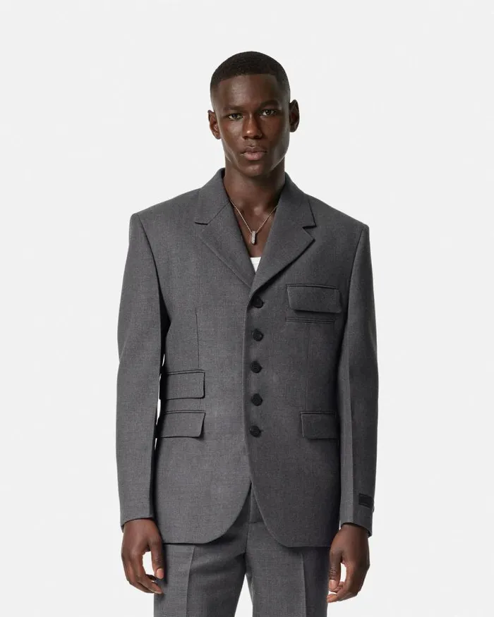 Wool Gabardine FiveButton Blazer Gray Men Versace Blazers and Suits